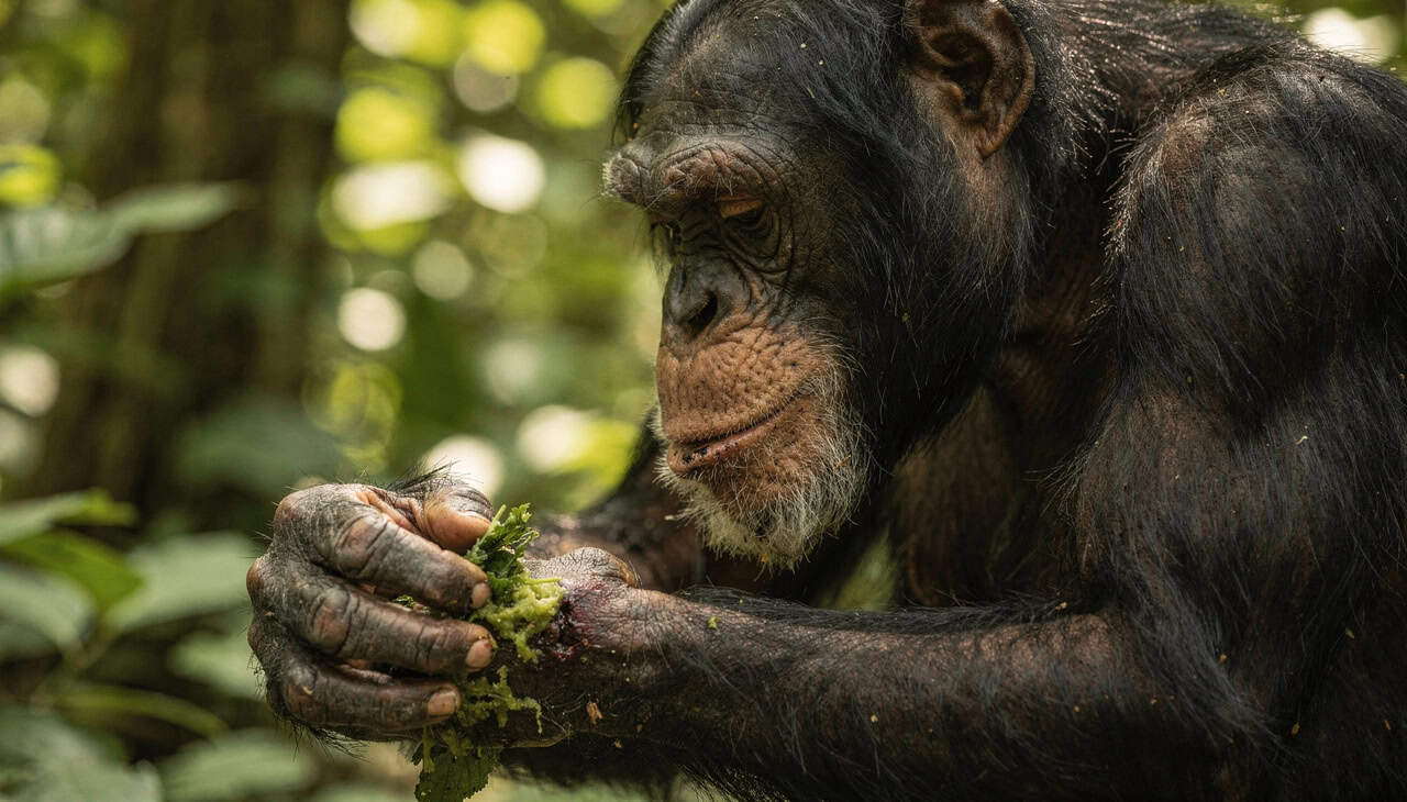 Chimpanzés que buscam plantas medicinais para tratar feridas e doenças