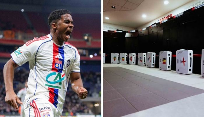 Endrick durante apresentação do kit especial aos companheiros do Lyon — Foto: Re