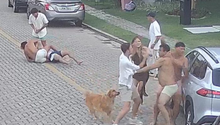 Jogadores do Fortaleza trocam socos com vizinhos — Foto: ReproduçãoJogadores do