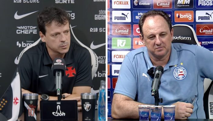 Fernando Diniz e Rogério Ceni nas coletivas após o jogo. — Foto: Reprodução Vasc