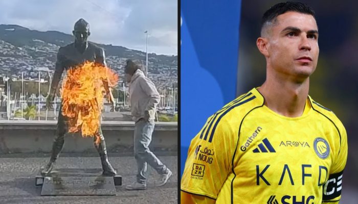 Estátua de Cristiano Ronaldo incendiada na Madeira — Foto: Reprodução Instagram