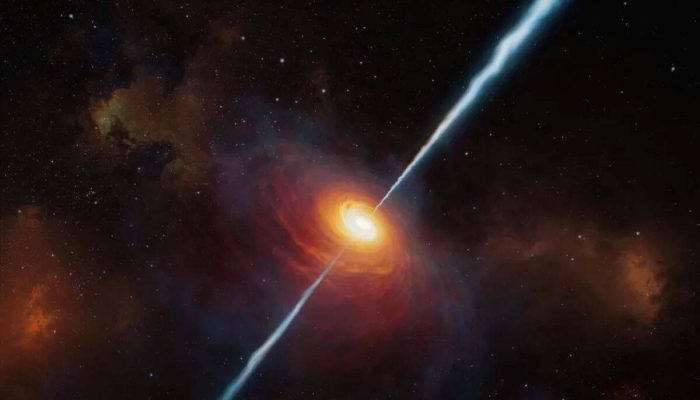 Foto: Esta ilustração artística mostra como o quasar distante P172+18 e seus jat