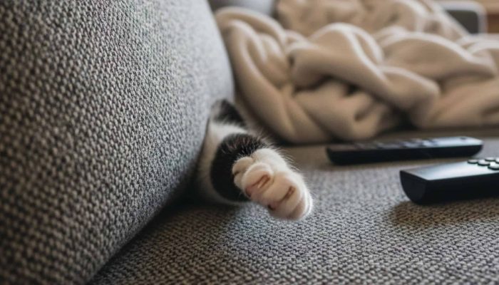 Gato dentro do sofá, mas com a pata do lado de fora — Foto: Gato dentro do sofá,