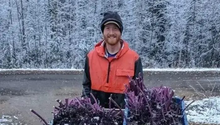 Agricultor posando ao lado de legumes de inverno em ambiente preparado para arma