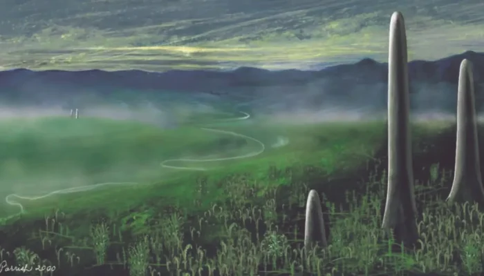 Pintura de como os prototaxitas podem ter se parecido, 400 milhões de anos atrás